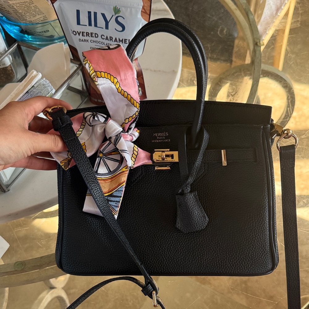 Black Bag with Pink Silk Scarf Herm